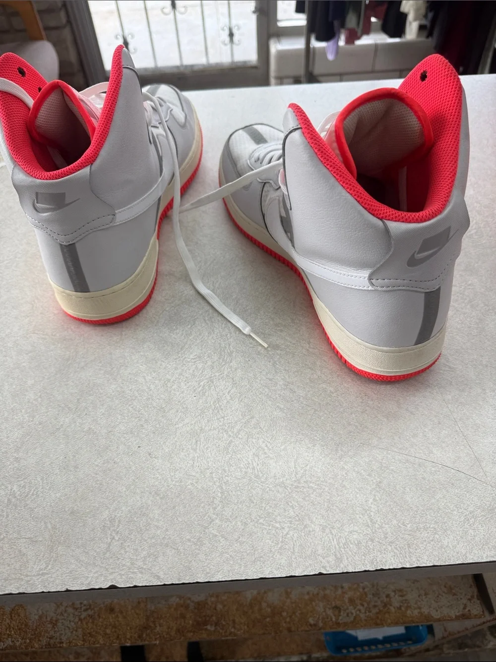 Nike High-Top Air Force 1 Sneakers in Light Gray and Bright Orange